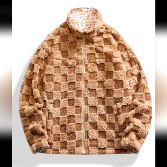 New! Checkered sherpa Jacket tan brown size medium - Picture 1 of 6
